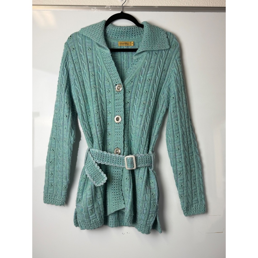 Gold Blaze Seafoam Green Cable Knit Belted Cardigan Sweater XL Vintage Style